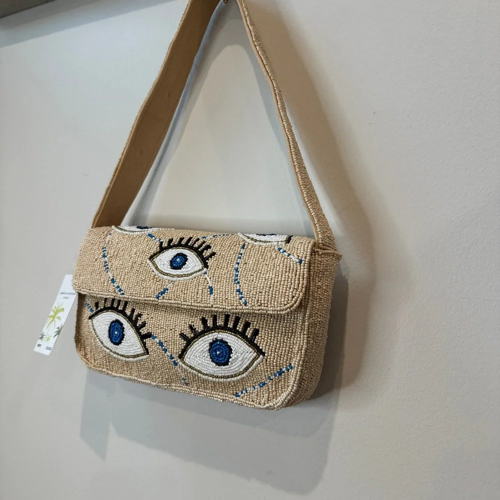 America & Beyond Cream Evil Eye Beaded Shoulder Bag Boho Vibes TikTok Viral NWT - Picture 3 of 8